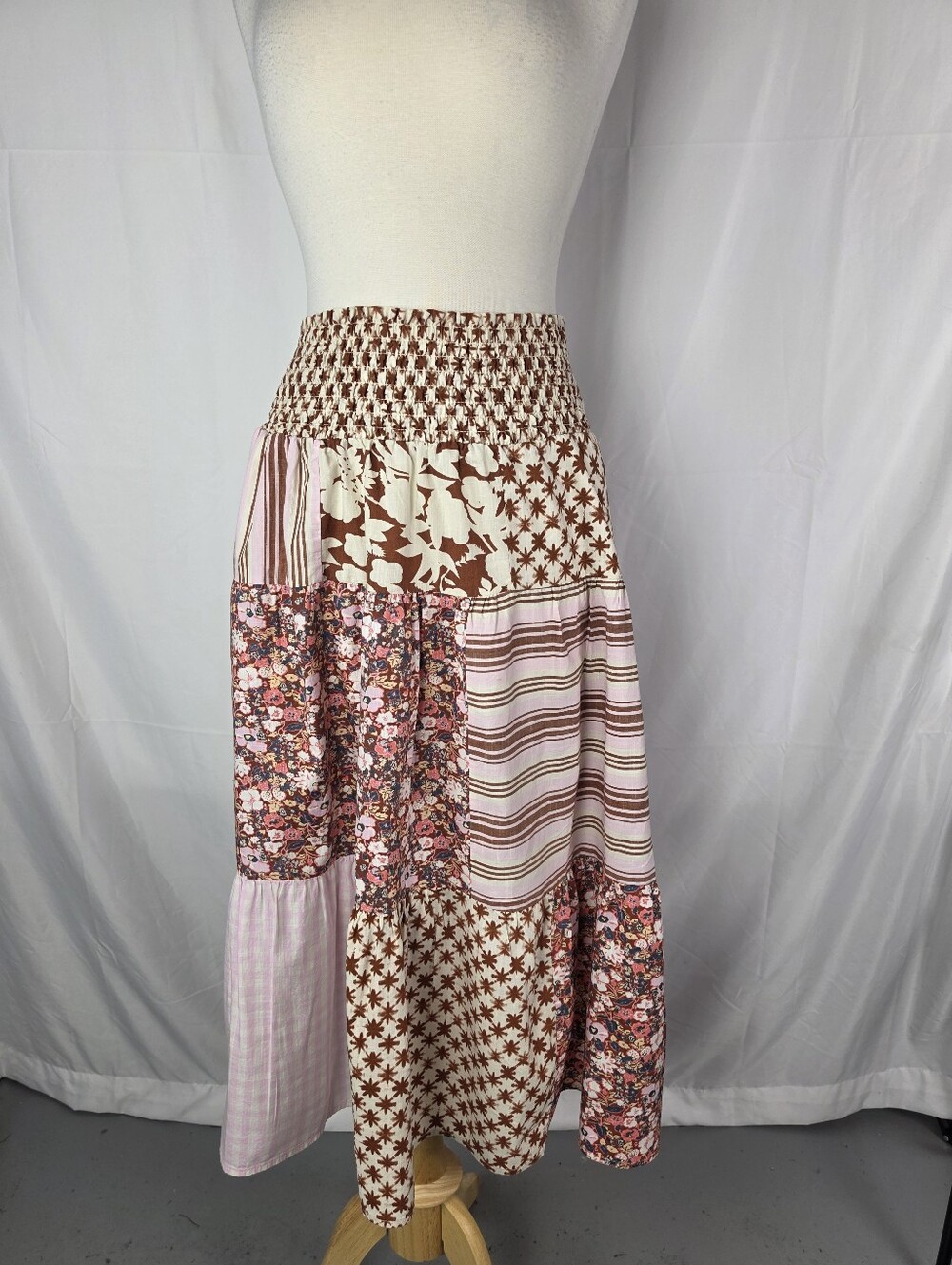 Universal Thread Patchwork Tiered Midi Skirt XL Pink Brown Pockets Cottagecore